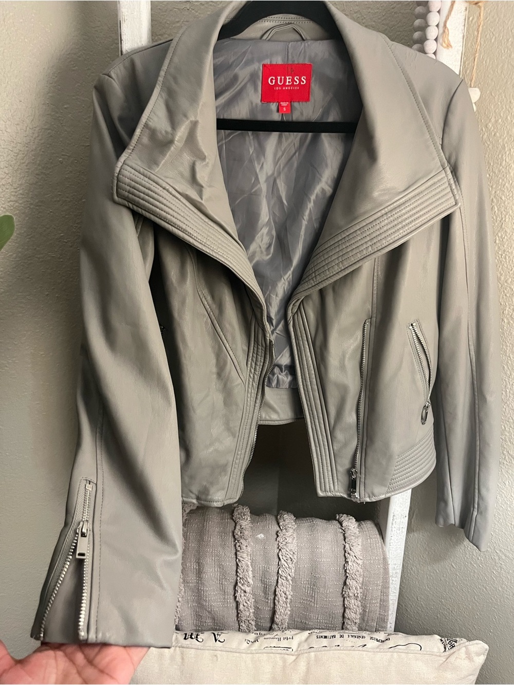 GUESS Light Gray Faux Leather Moto Jacket